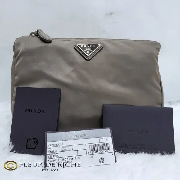 Prada Necessaire Tessuto Nylon Small Toiletry Clutch Case Gray Argilla 1NA011 - Picture 13 of 13